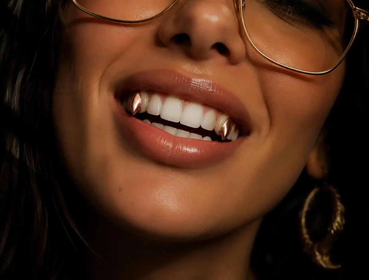 Colmillos (fangs) de grillz en oro rosa sobre los caninos de una sonrisa