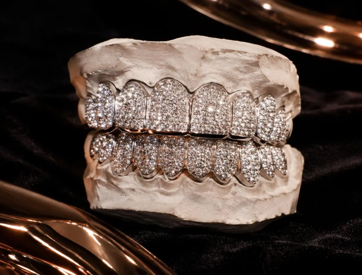 Grillz iced superior e inferior con moissanita en oro blanco sobre molde de yeso dental