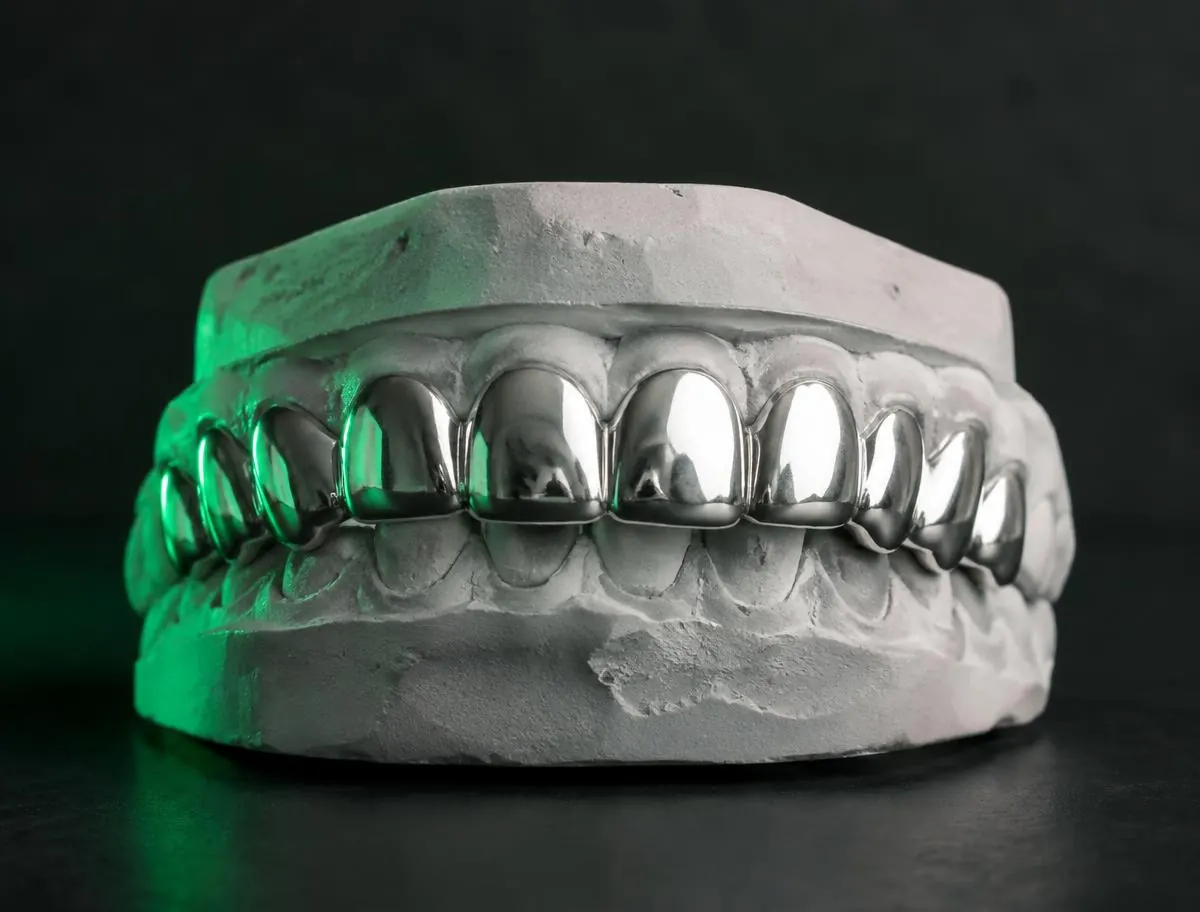 Arcada superior completa de grillz en plata sólida 925 pulido espejo sobre molde dental
