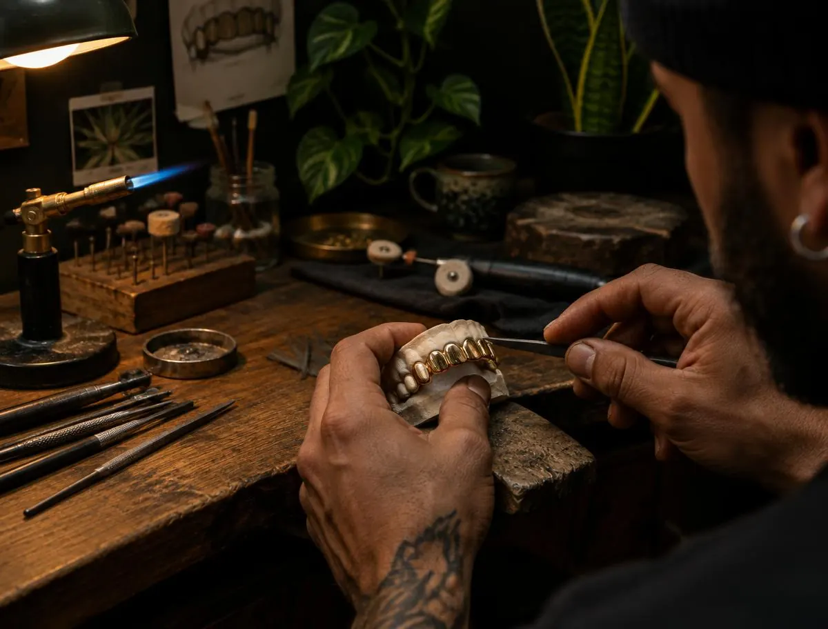 Joyero puliendo a mano un grillz de oro sobre un molde dental en el taller de Grillz Medellín